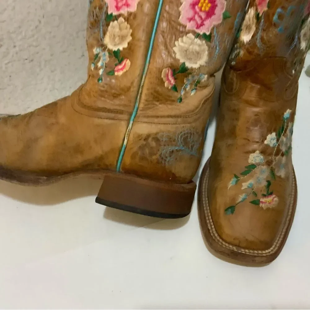 Macie Bean Boots Girls SZ 3 Floral Rose Garden Cowgirl Brown Leather